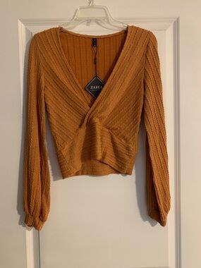 Zara Rust-Orange Textured Wrap Crop Sweater